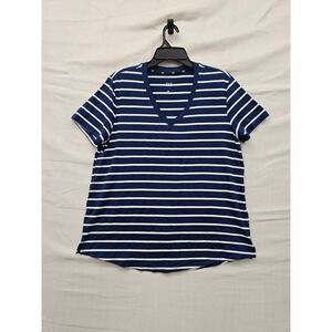 Gap Womens V-Neck Striped Short Sleeve T-Shirt Blue Rayon Blend Casual Size L